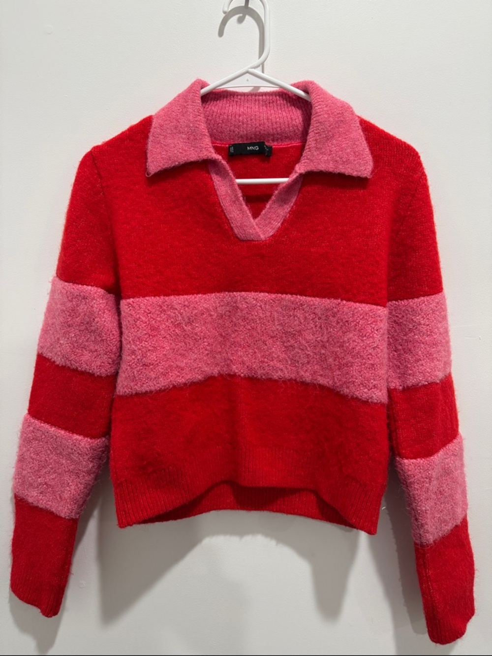 Mango Red and Pink Striped V‑Notch Polo Sweater